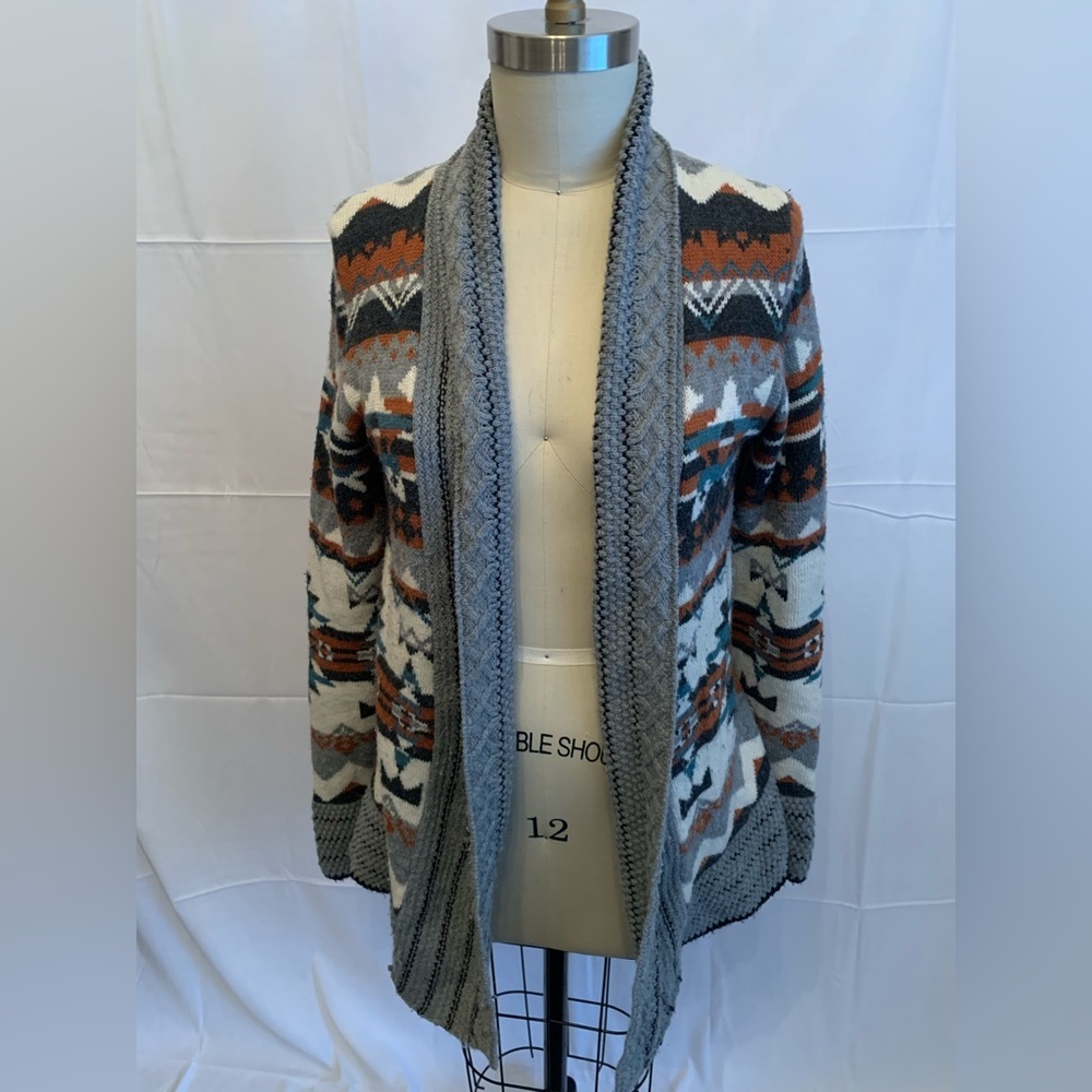 ECOTÉ Western Aztec Boho Retro cardigan size Large gray teal brown white